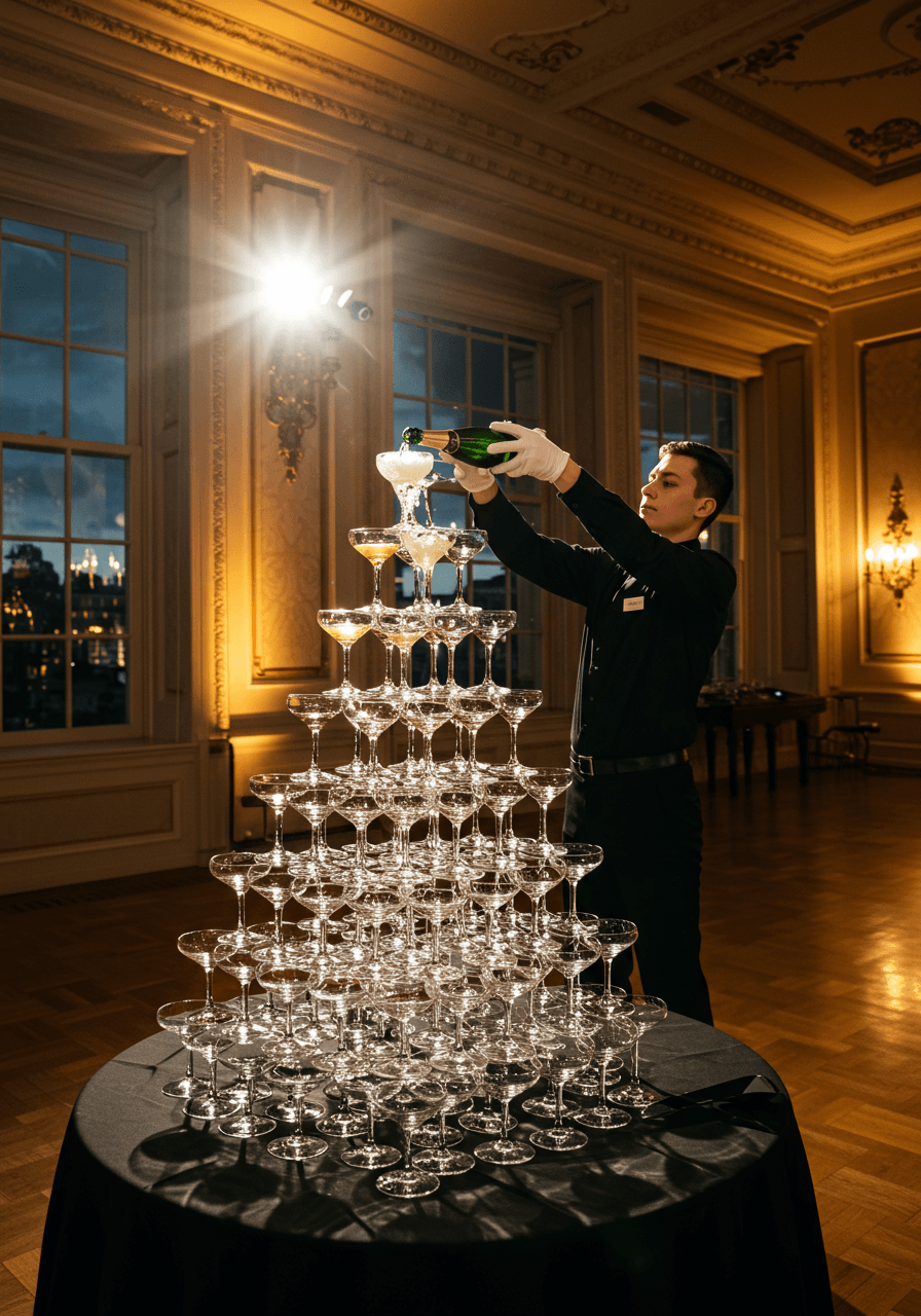 Server in formal attire pouring champagne into elaborate tower in grand ballroom with dramatic spotlighting