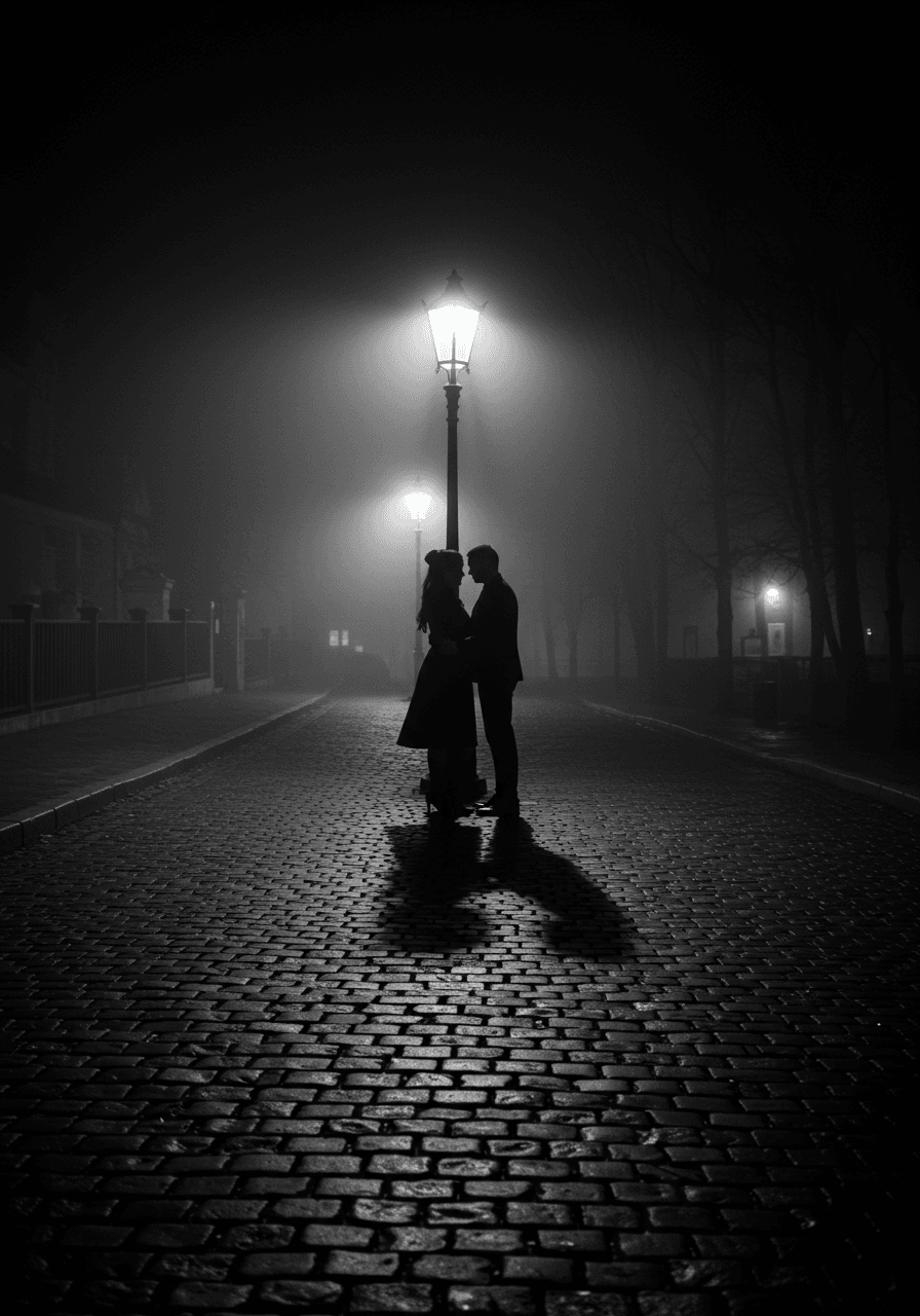 Couple embracing in silhouette under vintage streetlamp on cobblestone street with dramatic film noir lighting