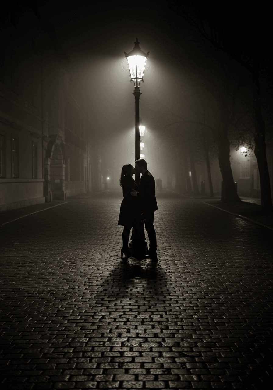 Romantic couple sharing intimate kiss under amber streetlight with atmospheric fog and shadows