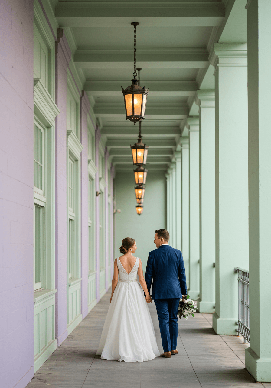 Bride and groom walking down symmetrical corridor with lavender and mint columns in golden light