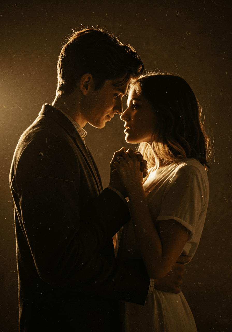 Tender couple's faces and hands captured with nostalgic film texture and warm sepia tones