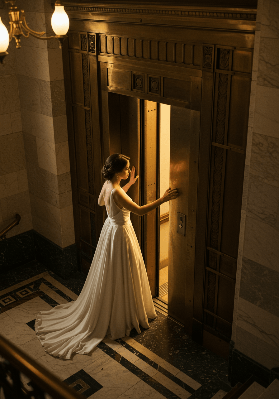 Bride reaching toward Art Deco elevator doors with groom's hand visible through closing gap