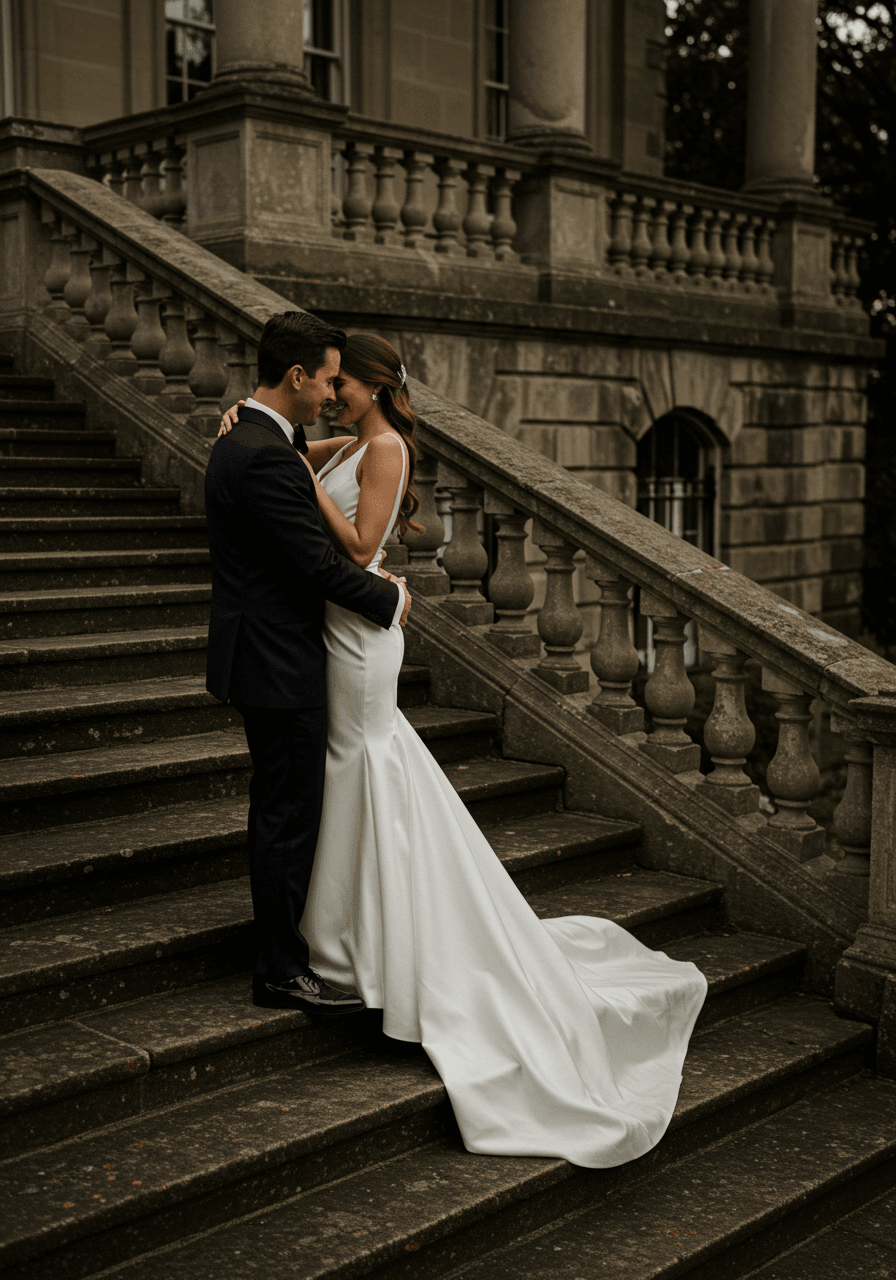 Bride in silk gown being dipped by groom in tuxedo on grand mansion stone steps