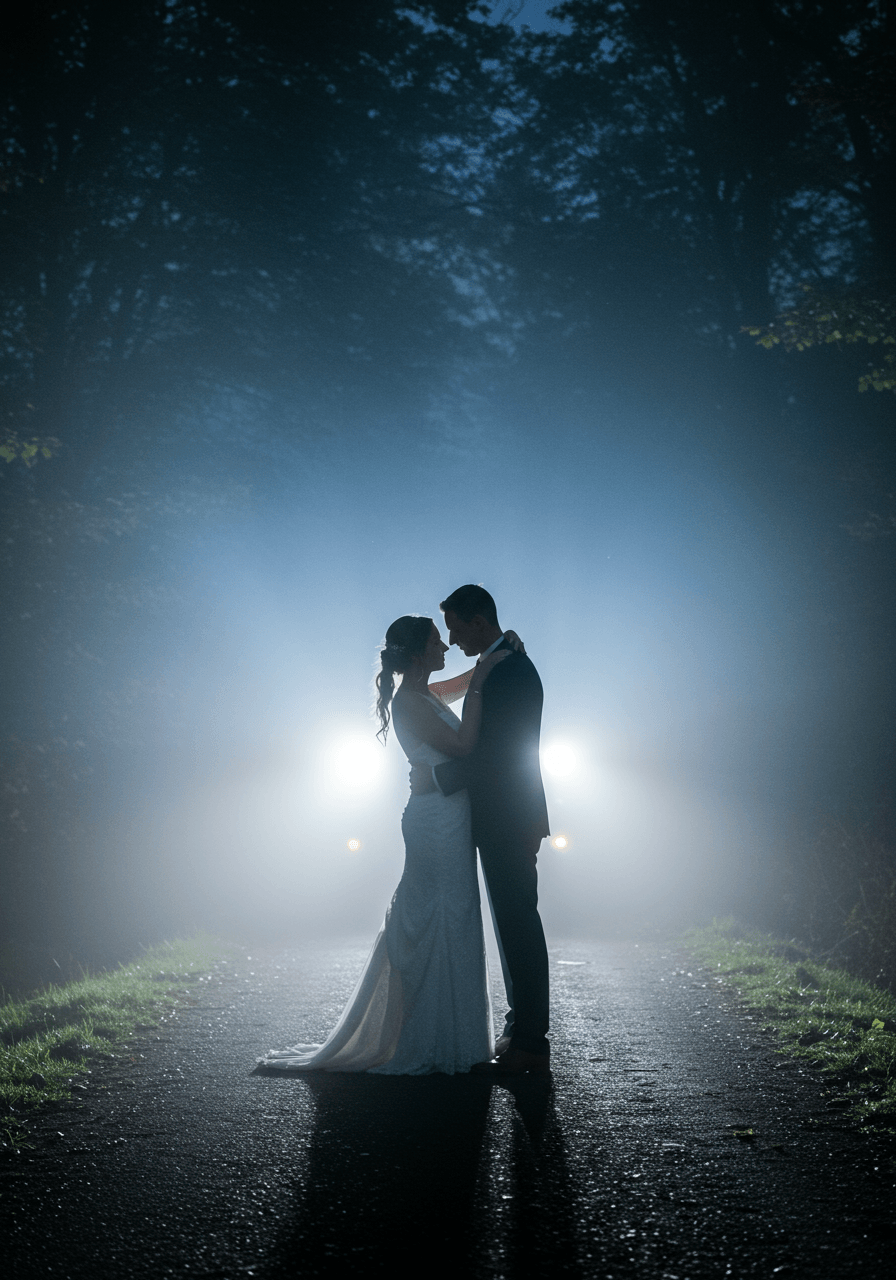 Tender couple embracing in ethereal forest mist with luminous backlighting effects