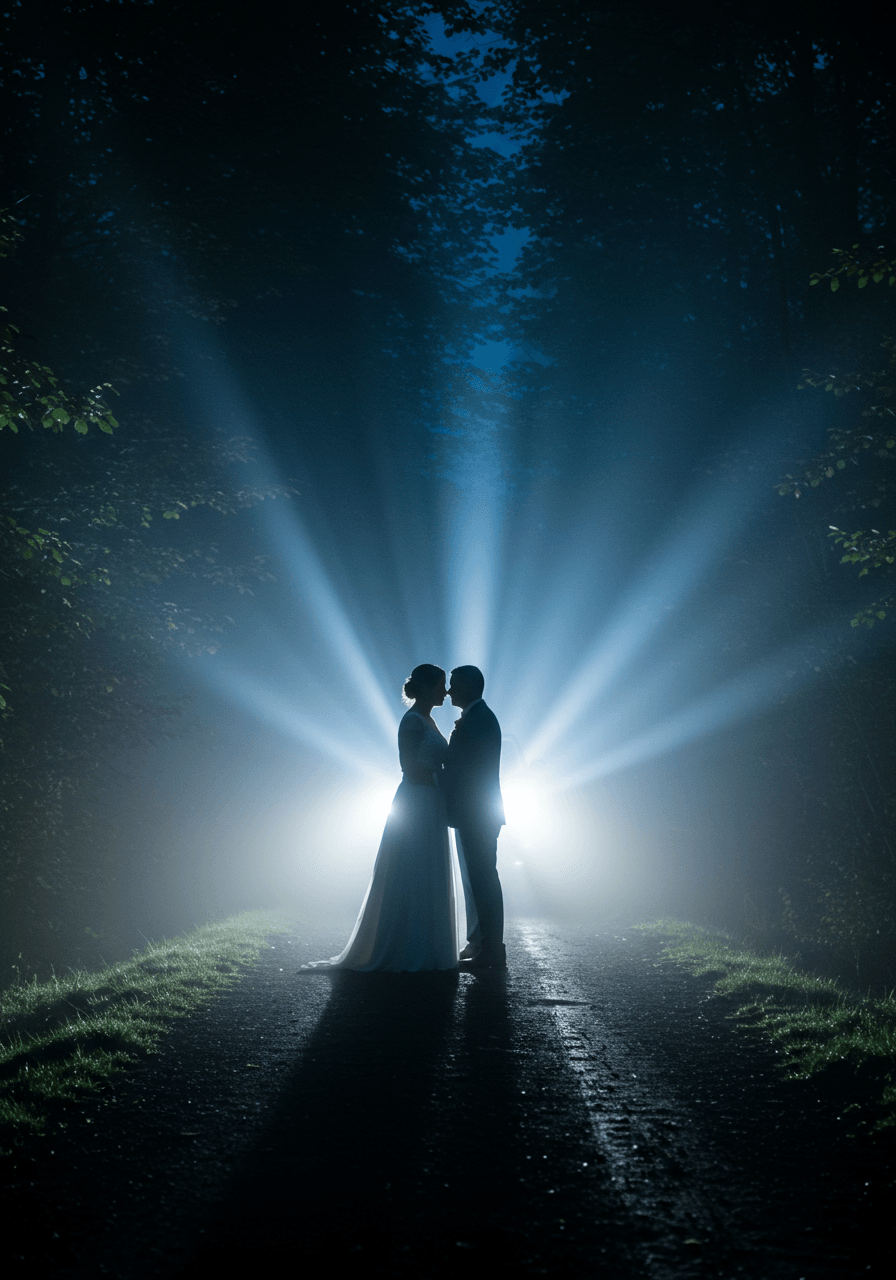 Bride and groom on misty forest path with dramatic headlight rim lighting through trees
