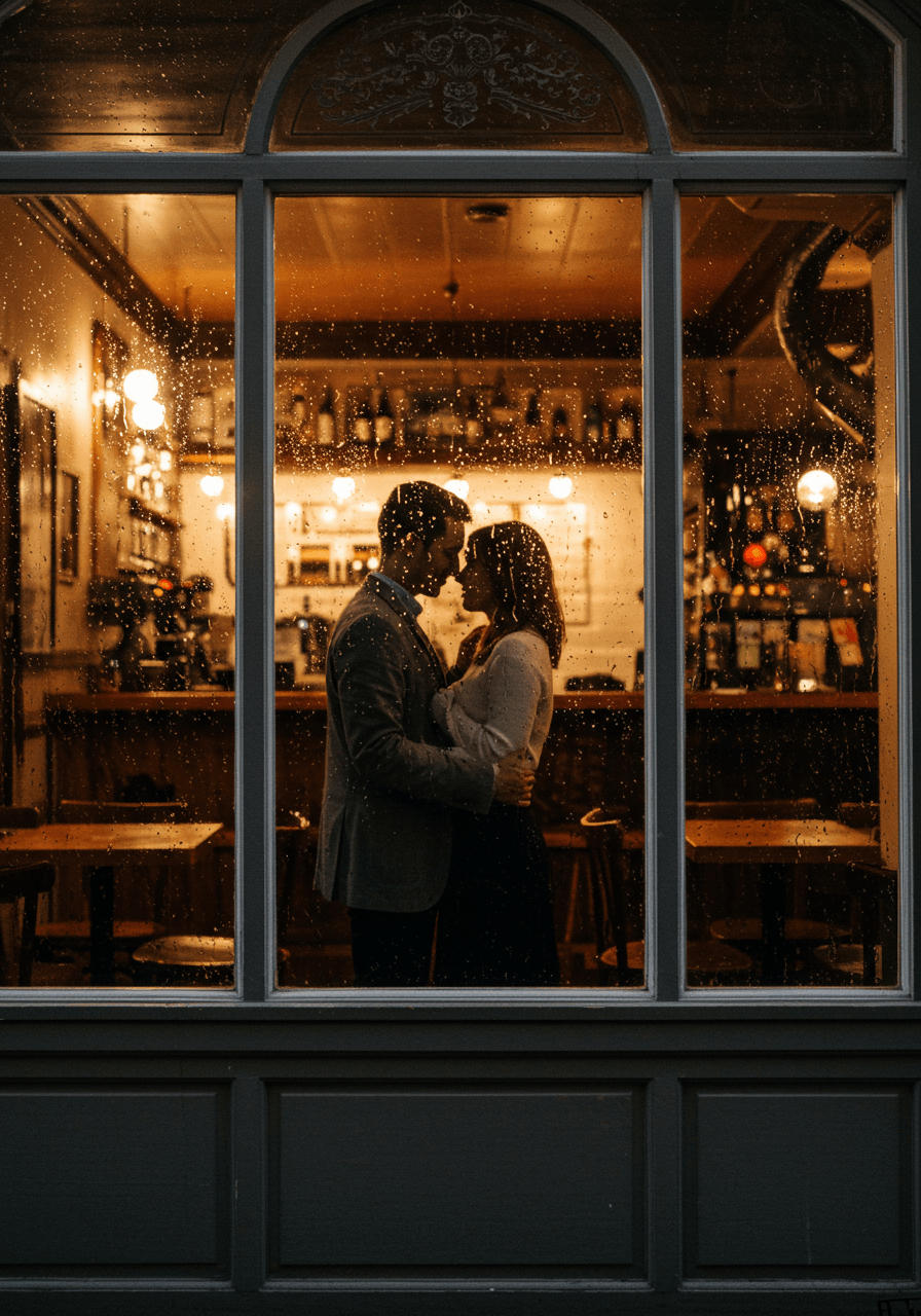 Couple embracing inside cosy café viewed through rain-streaked window during afternoon storm