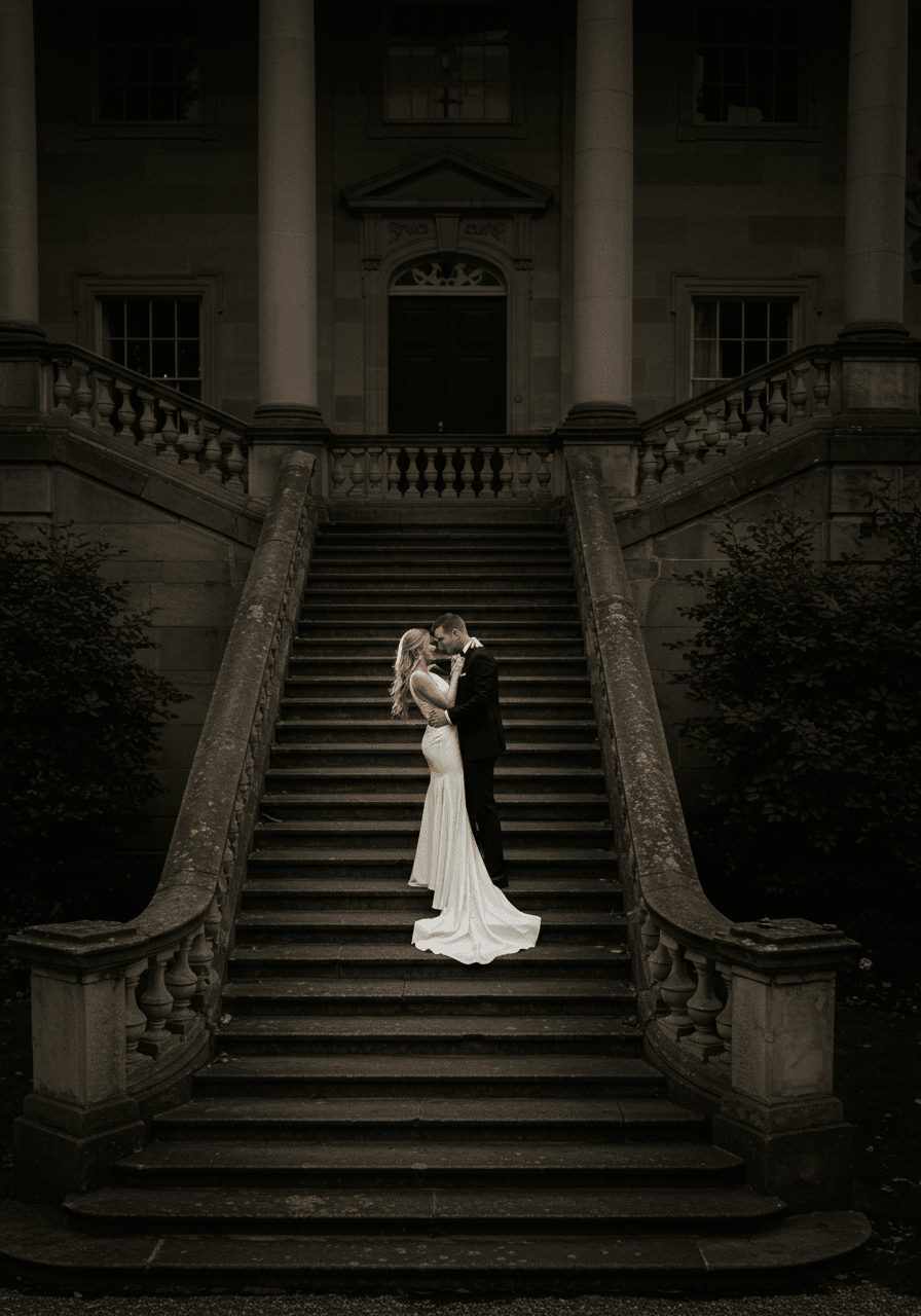 Wide shot of couple on sweeping mansion staircase with ornate stone balustrades