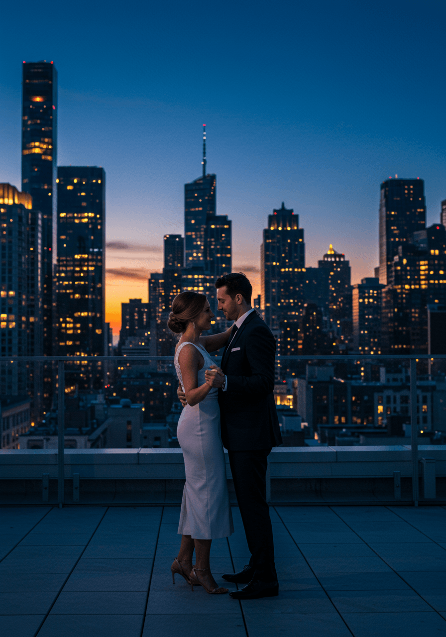 Couple dancing intimately on rooftop terrace with glittering city skyline during blue hour