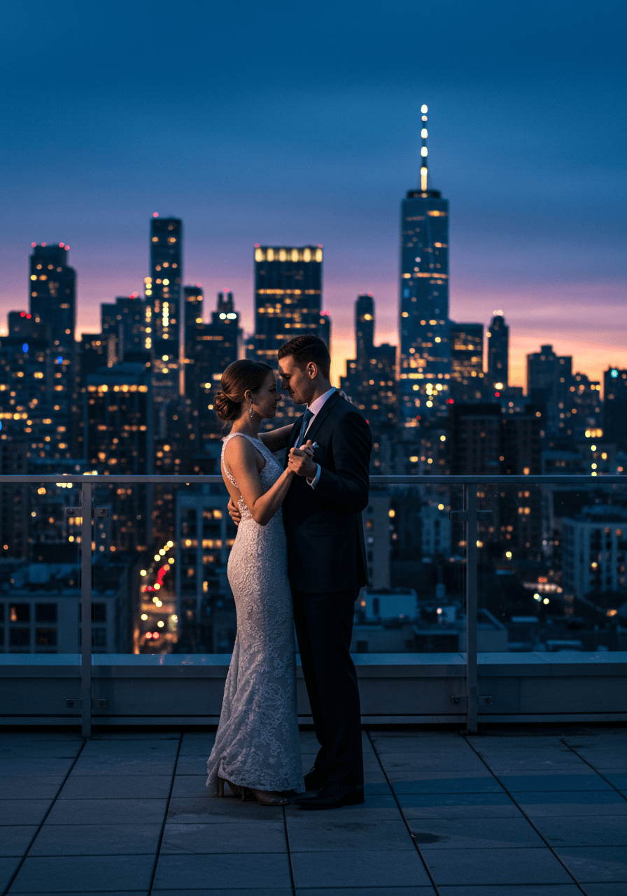Tender romantic moment on luxury rooftop with bokeh city lights in background