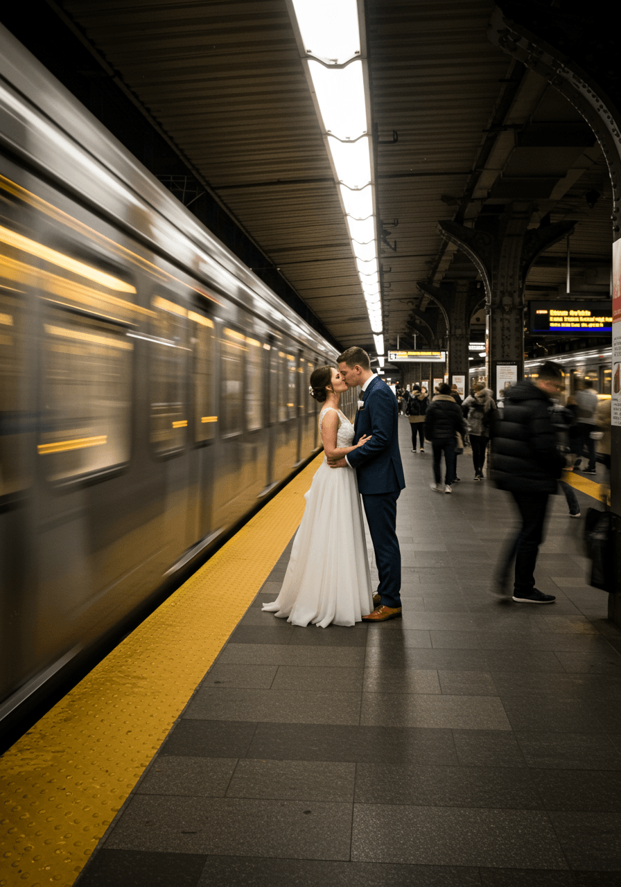 Couple in wedding attire on train platform with ghostly motion blur trails of commuters