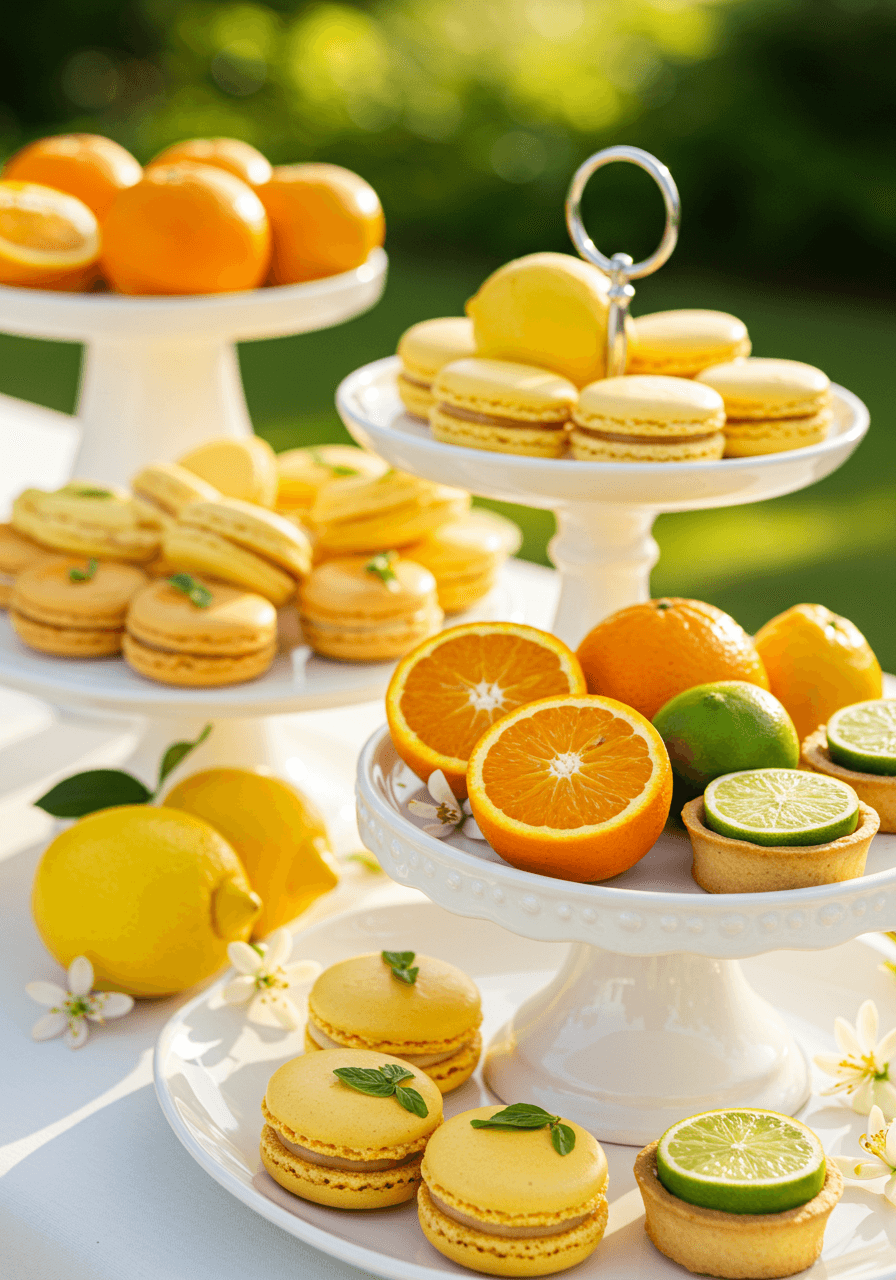 Styled dessert table with lemon macarons, orange petit fours and lime tarts on white tiered stands