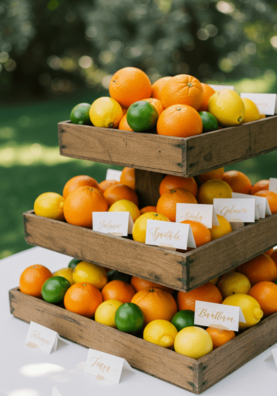 Close-up detail of escort cards attached to fresh oranges and limes with ribbon ties on white linen