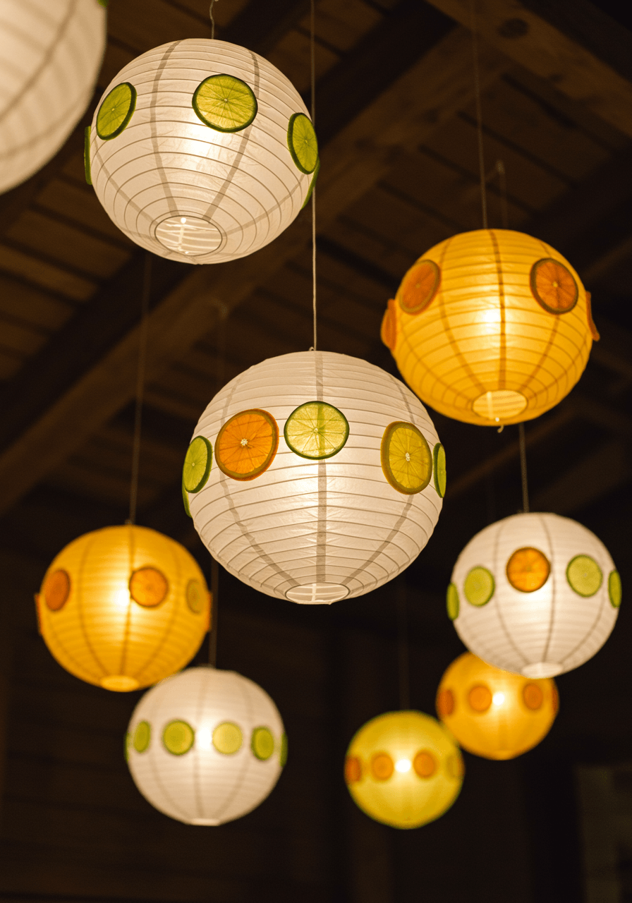 Close-up of white paper lanterns with LED lights and fresh citrus slices hanging in reception venue