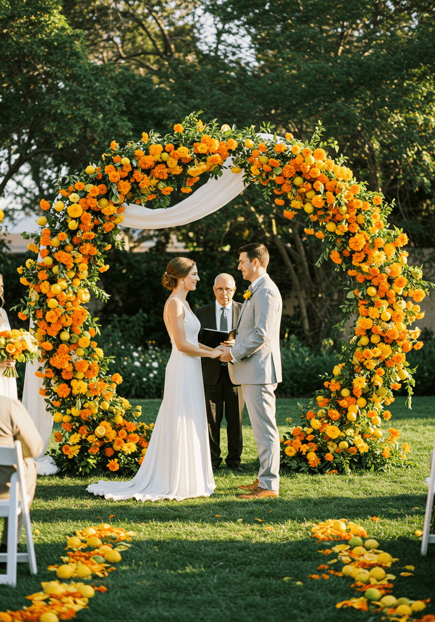 Bride and groom exchanging vows under circular ceremony arch with orange marigolds and citrus fruits
