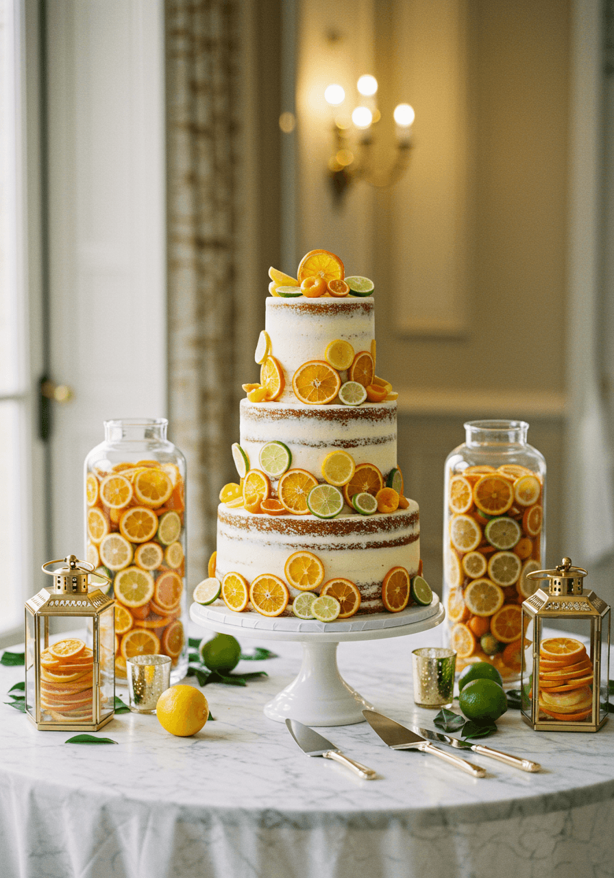 Three-tiered wedding cake with candied orange slices and citrus zest on white marble table