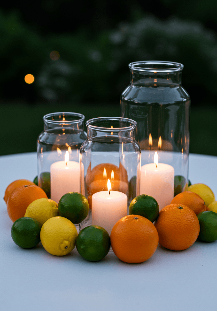 Glass hurricane lanterns with glowing candles surrounded by fresh lemons, limes and oranges on white linen