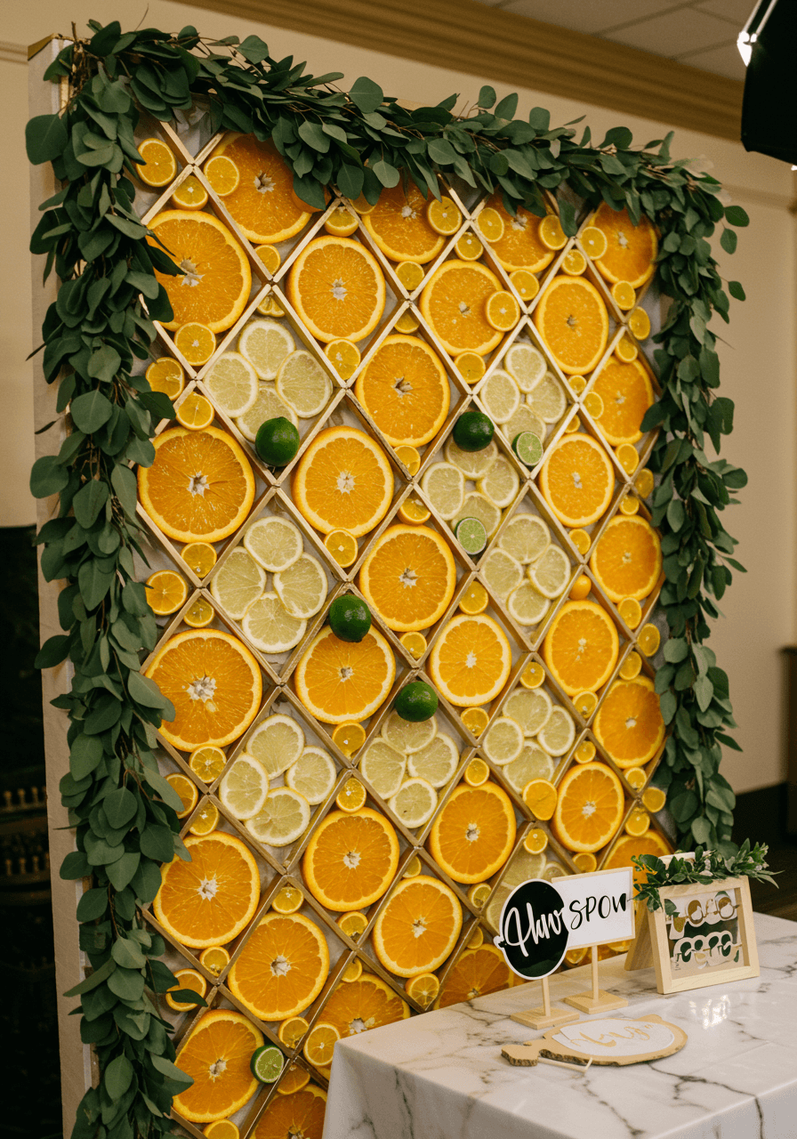 Elegant photo booth backdrop with geometric pattern of fresh citrus slices and gold accents