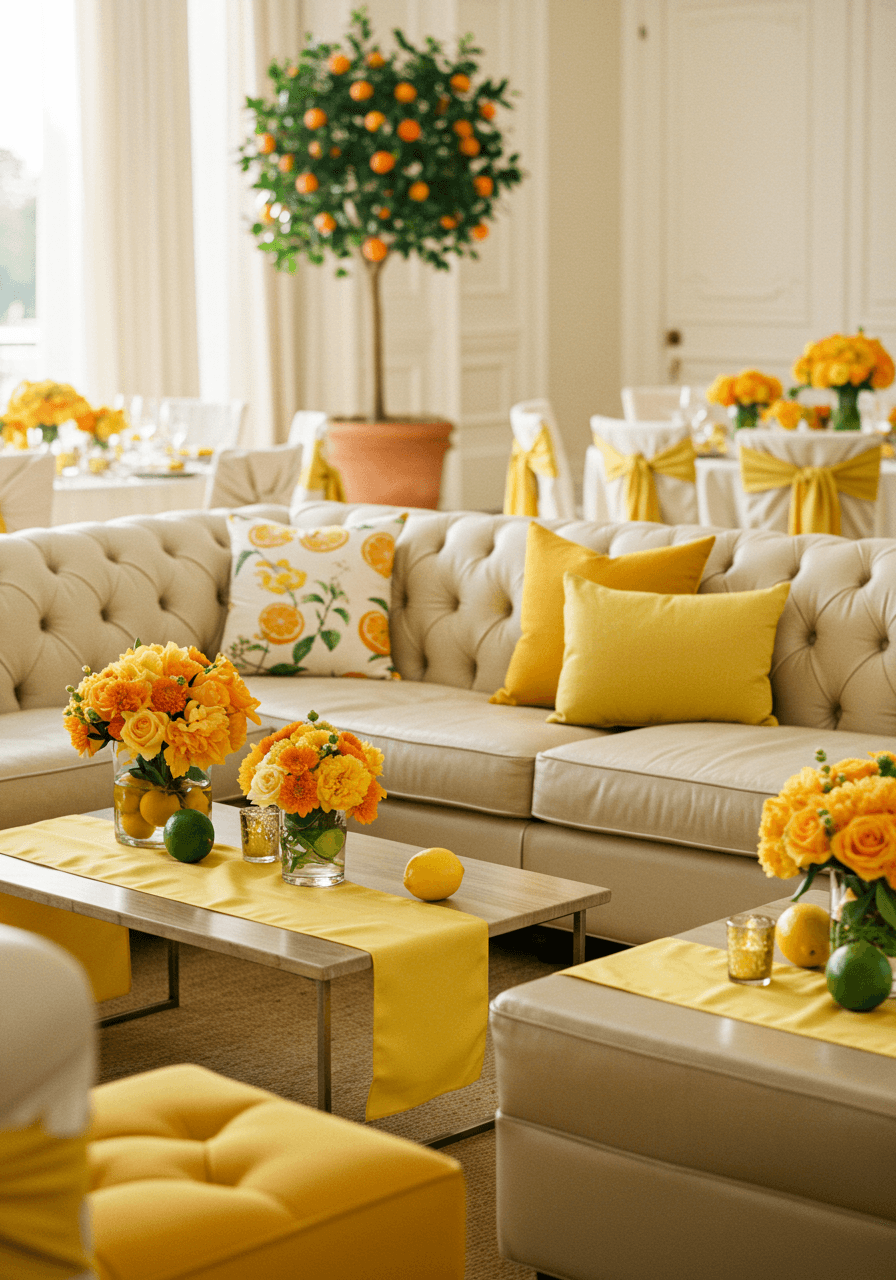 Intimate lounge coffee table with fresh citrus arrangement and silk cushions in reception venue