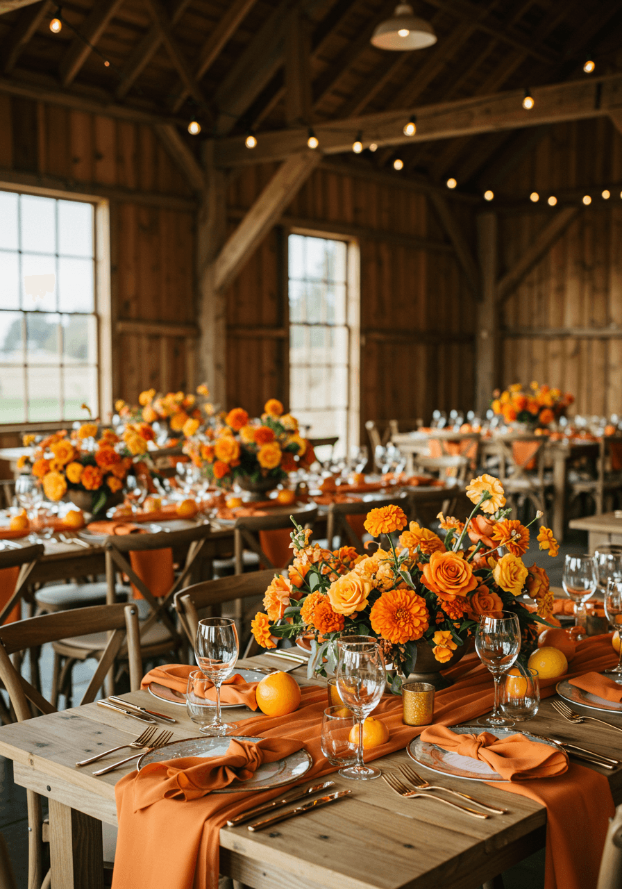 Wide view of rustic barn reception with orange rose centerpieces and exposed wooden beam ceiling