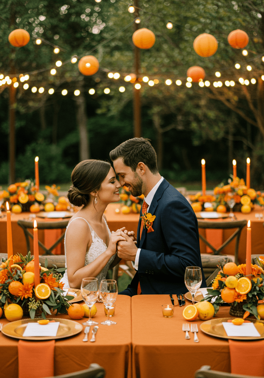 Intimate portrait of couple at orange-themed outdoor garden reception with string lights overhead