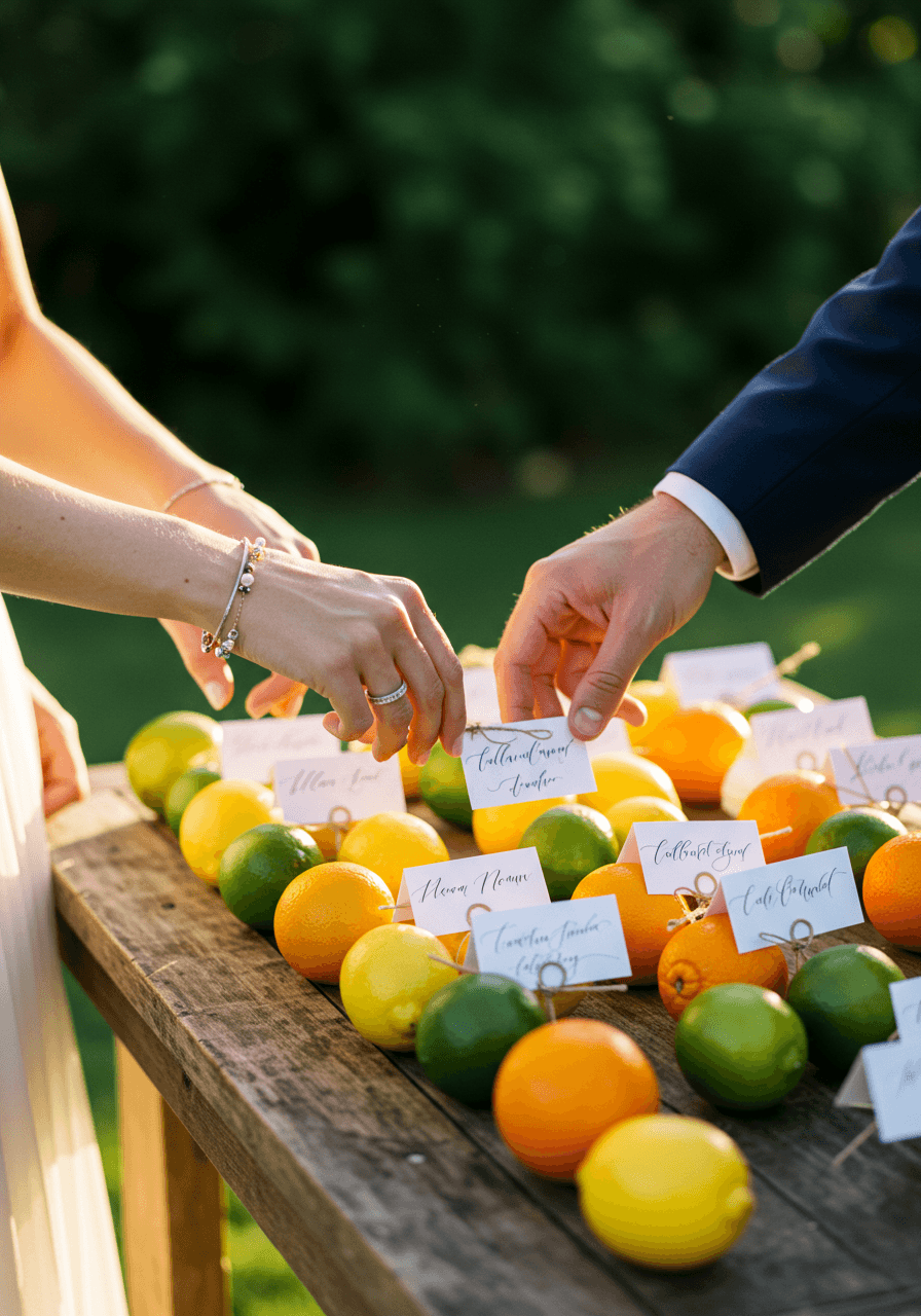 Bride and groom's hands selecting escort cards attached to fresh lemons, limes and oranges on rustic table