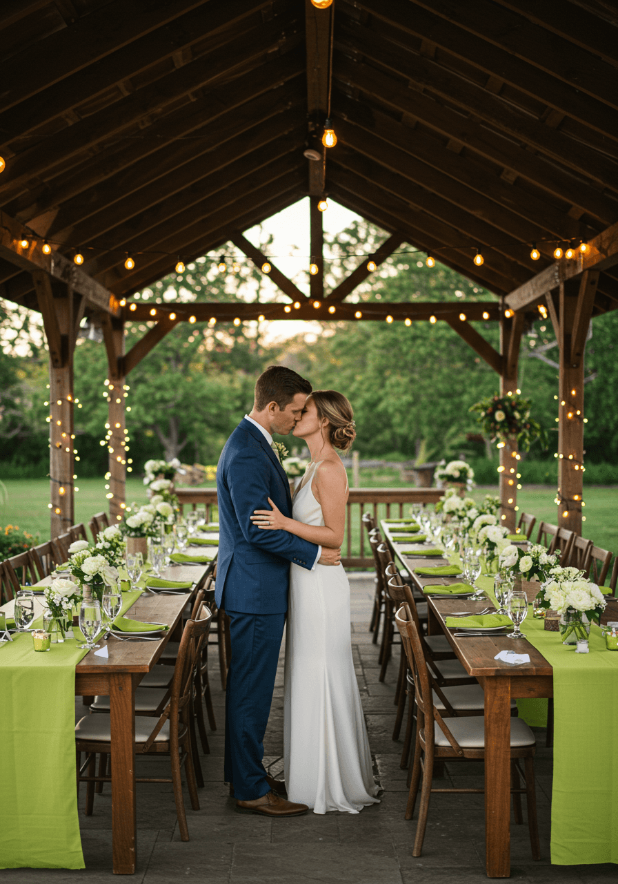 Bride and groom intimate moment at garden pavilion reception with lime green linens and white florals