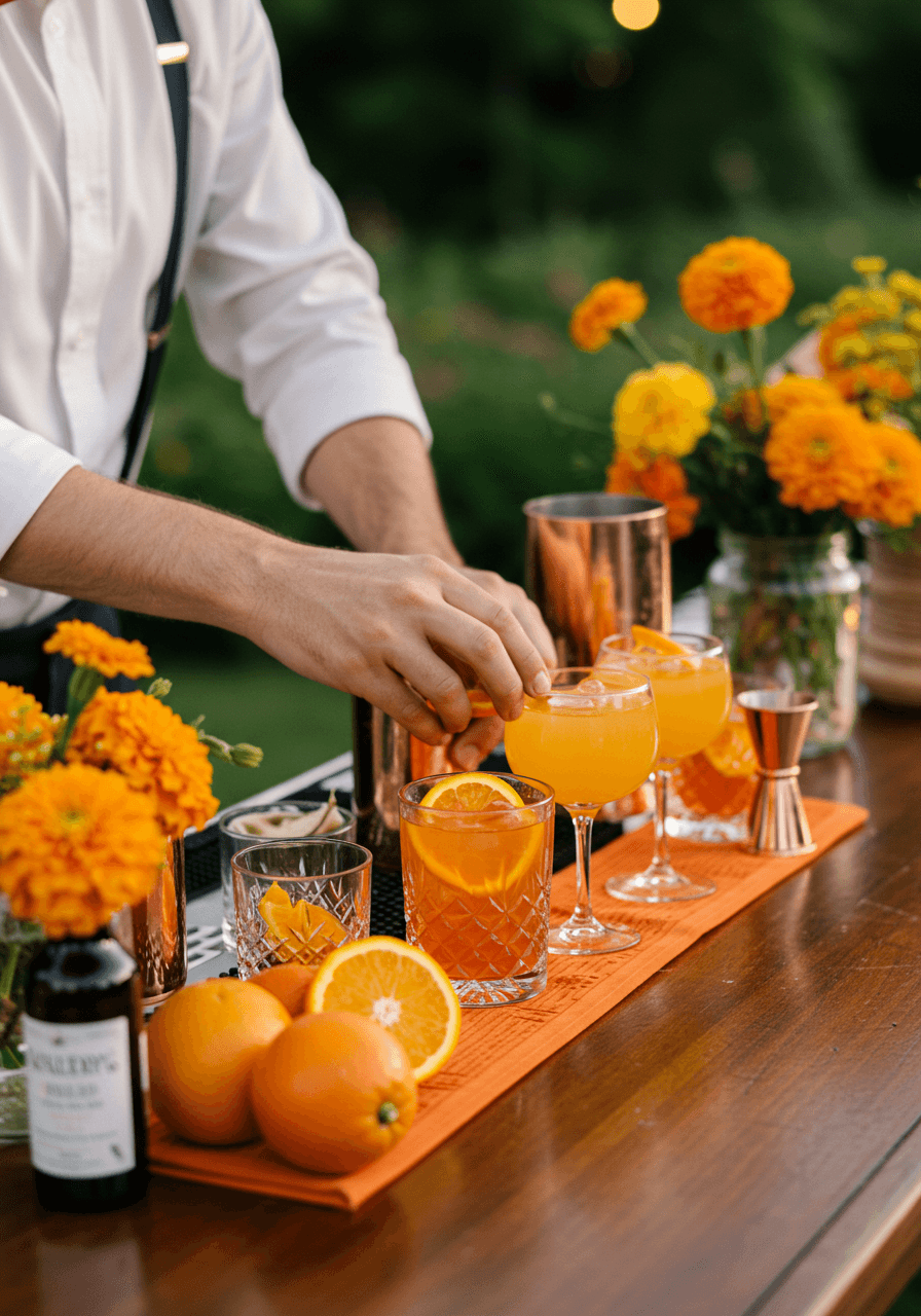 Professional bartender arranging fresh orange garnishes and citrus cocktails at outdoor garden wedding bar
