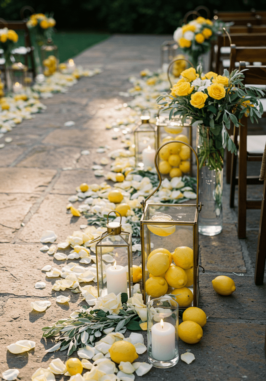 Aerial view of lemon lantern aisle decor with white rose petals scattered on natural stone pathway