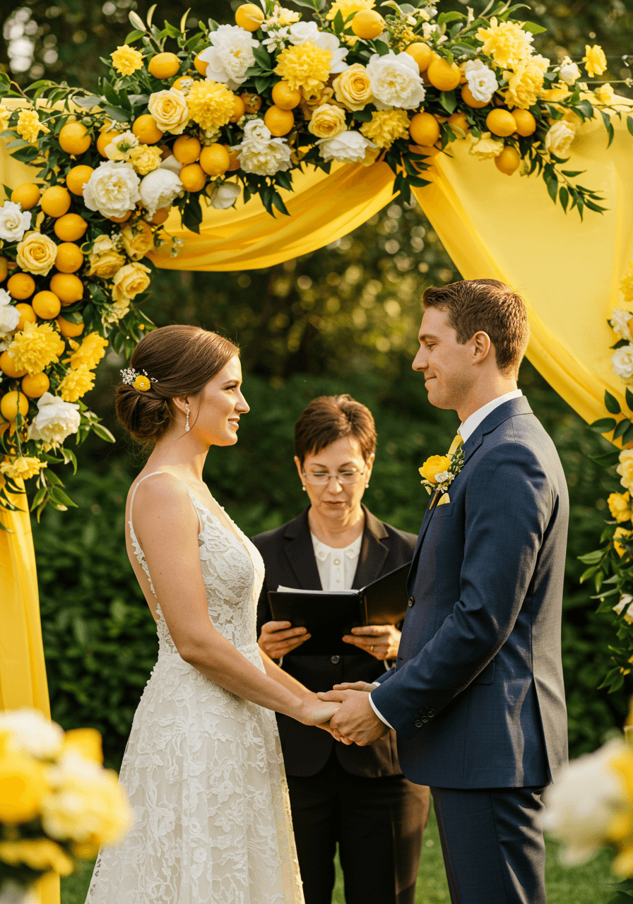 Intimate vow exchange moment under lemon and pale yellow flower ceremony arch in garden setting