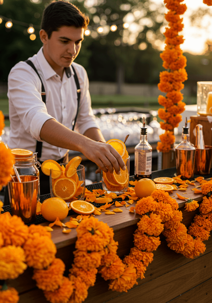Bartender preparing orange-themed cocktails at decorated bar with marigolds and citrus garlands