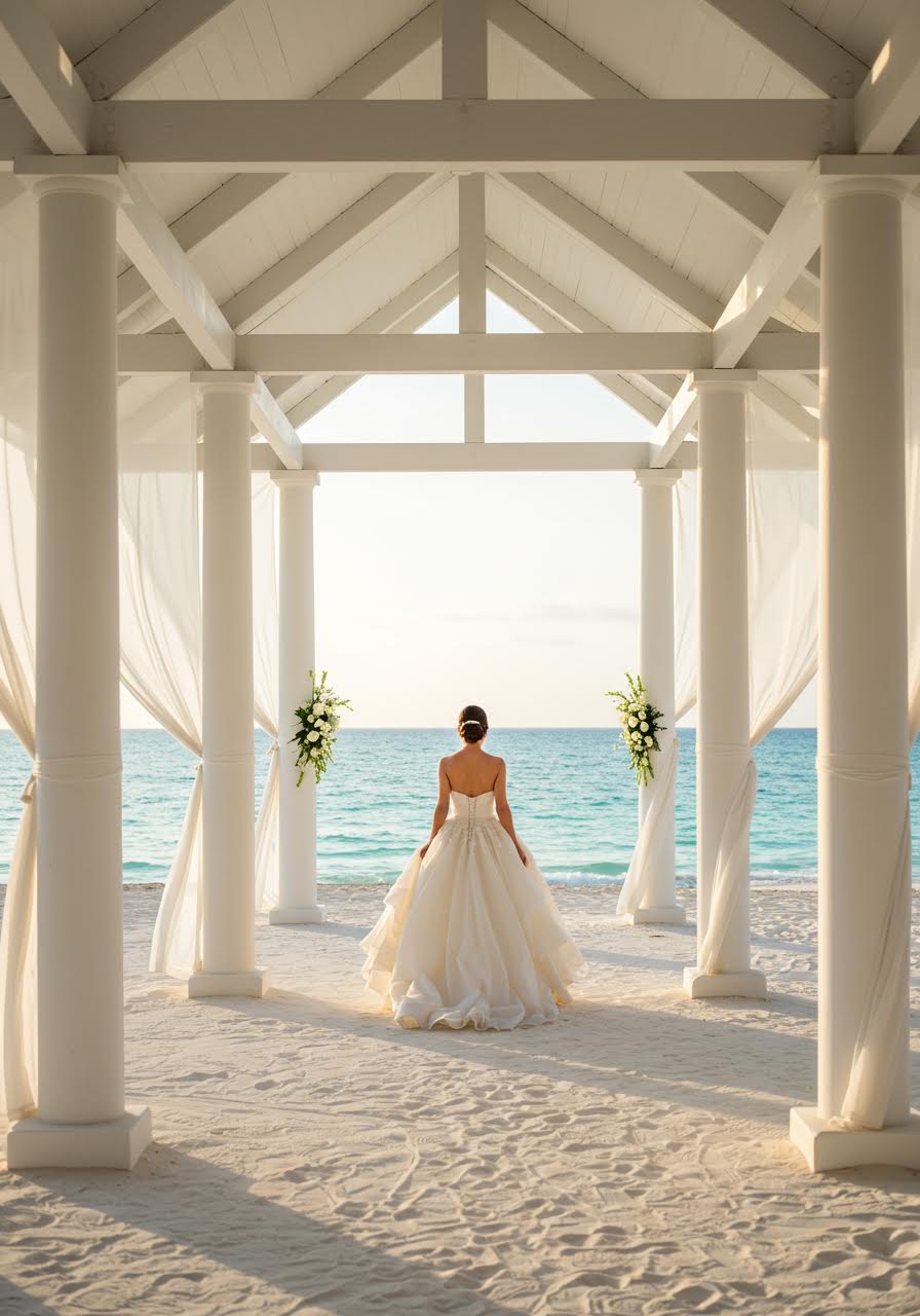 Sophisticated beachside wedding pavilion with flowing curtains and ocean views