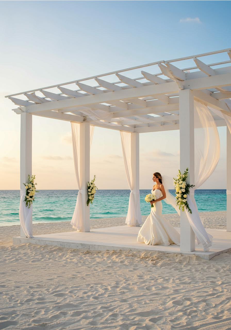 Bride in elegant dress beside open beach pavilion with white columns during golden hour