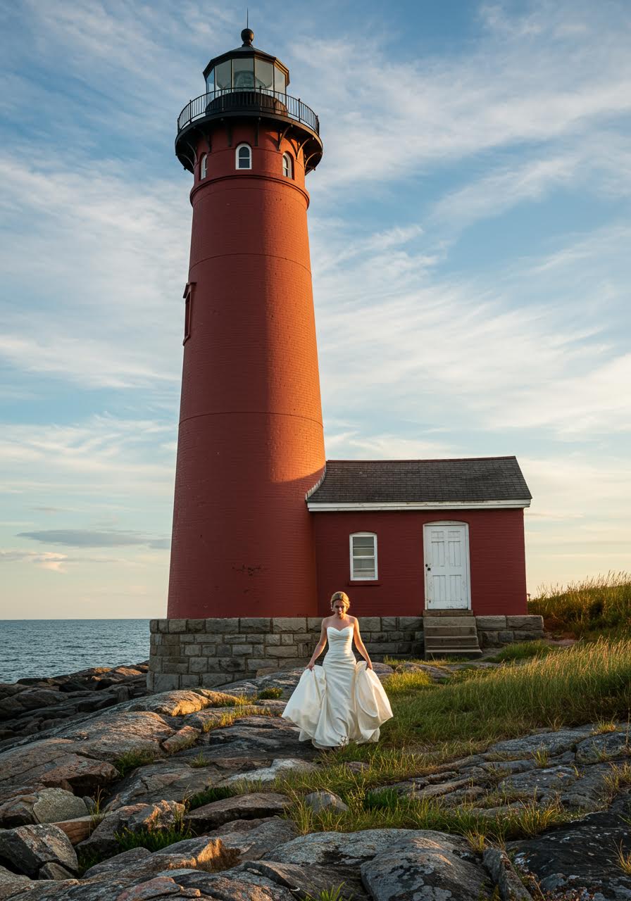 Elegant bride touching lighthouse entrance door while gazing toward ocean horizon