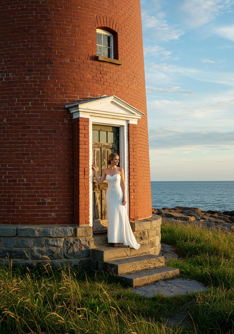 Wedding bride beside weathered lighthouse door with coastal grasses and rocky shoreline