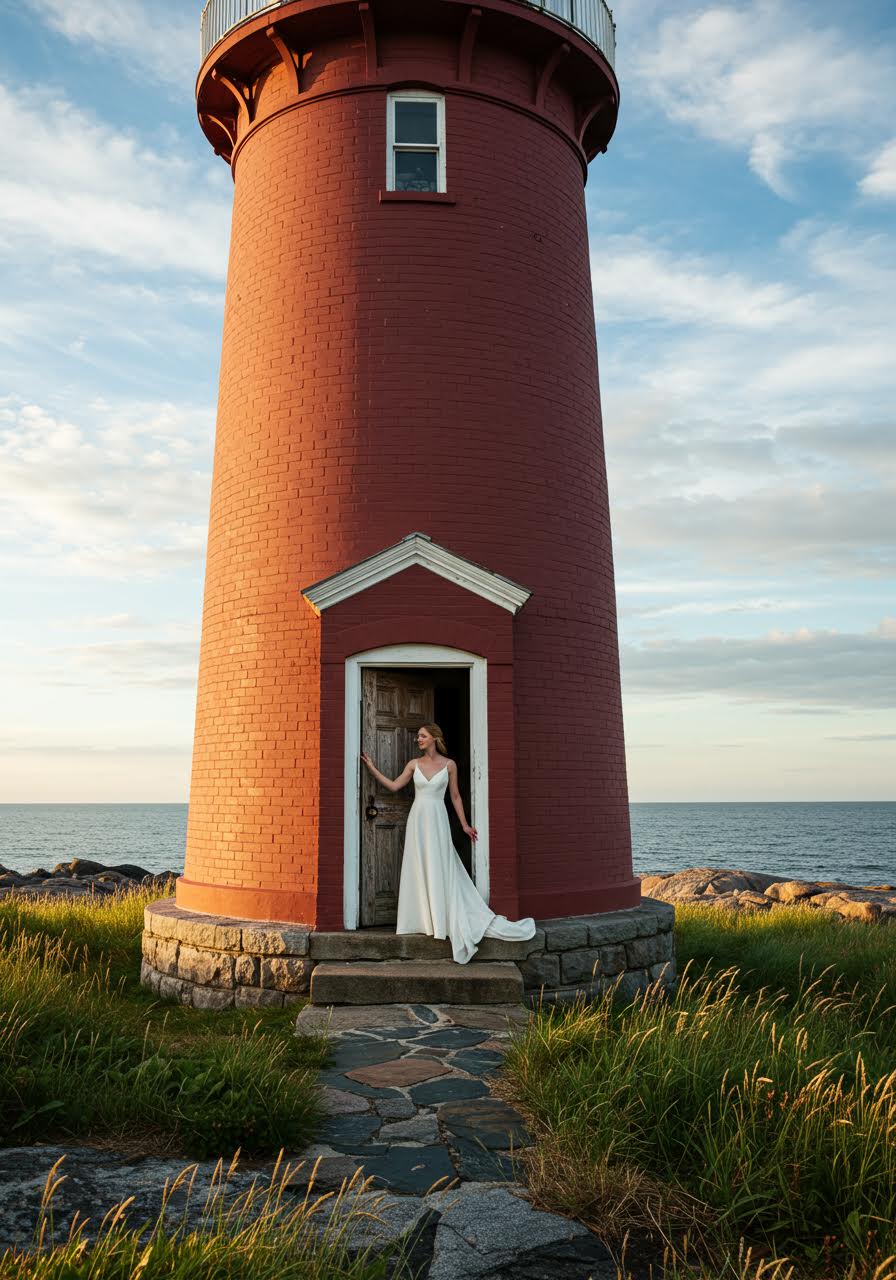 Bride in white dress at entrance of historic red brick lighthouse overlooking ocean