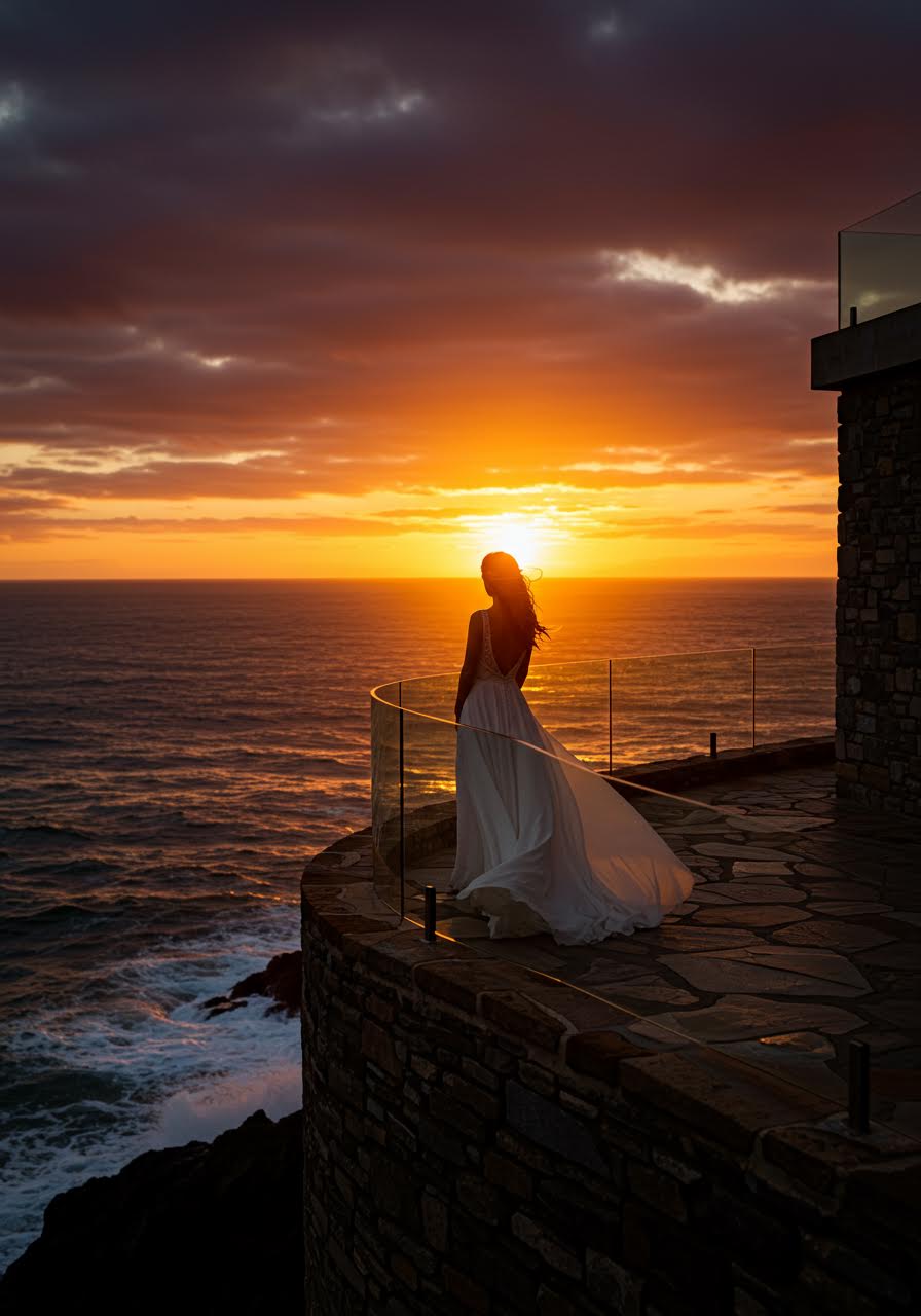 Bride in ethereal silk wedding gown silhouetted against fiery sunset on clifftop balcony