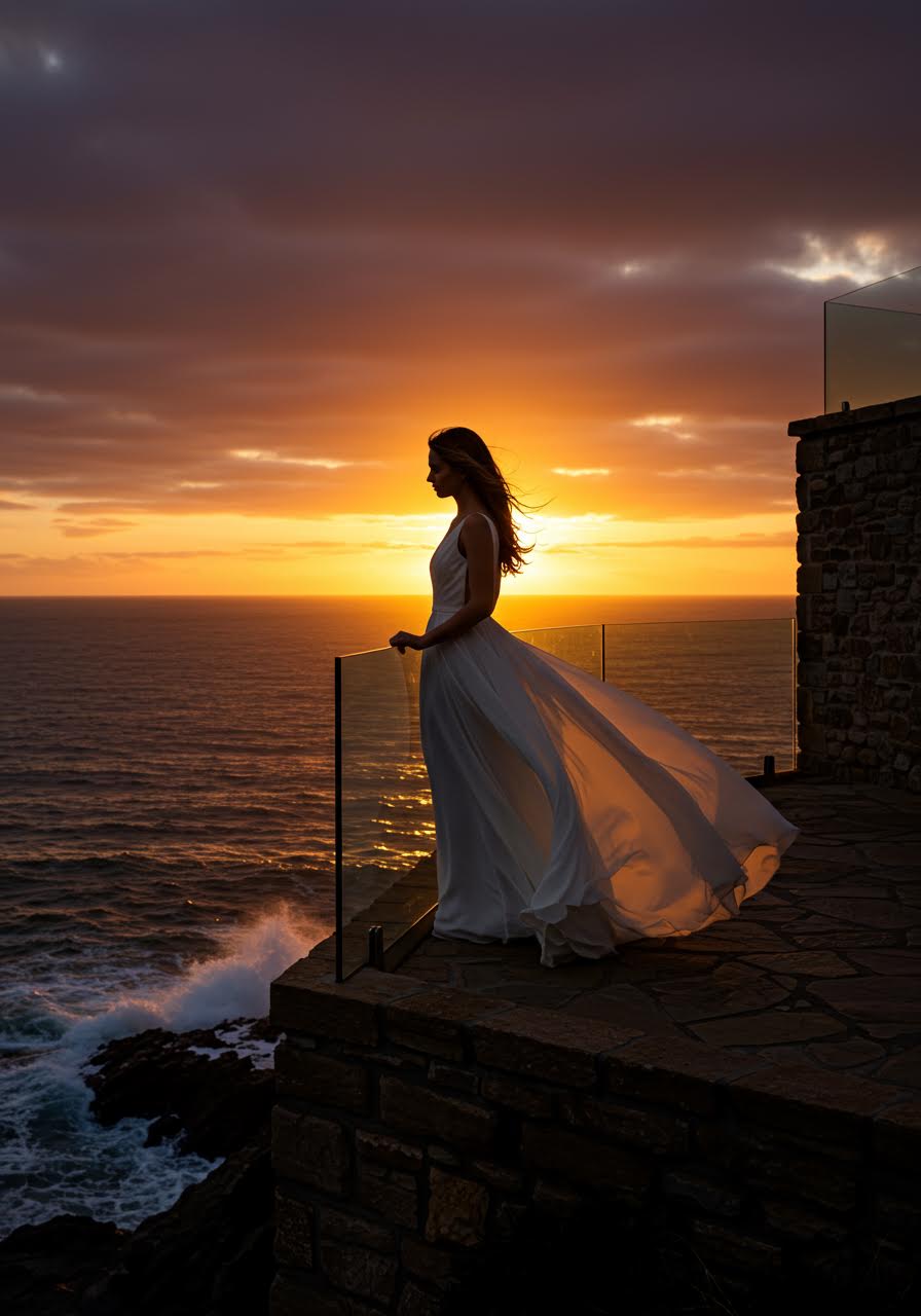 Windswept bride on natural stone balcony overlooking churning sea during dramatic sunset