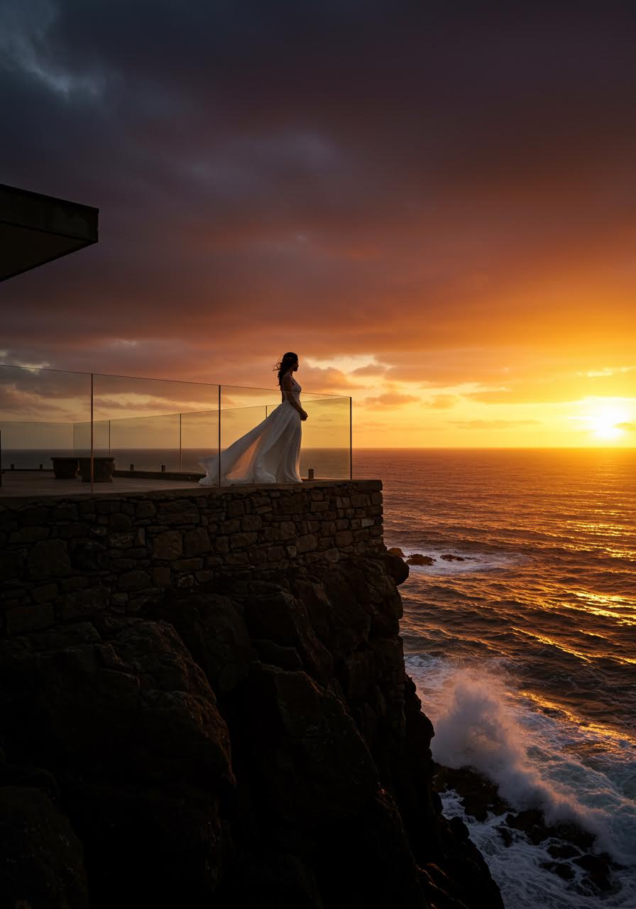 Solitary bride in flowing chiffon gown contemplating ocean views from clifftop venue
