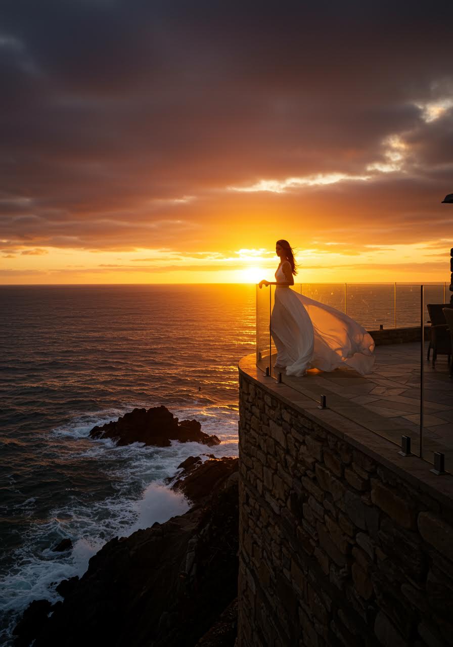 Bride silhouette against panoramic ocean views and sunset sky from clifftop wedding venue