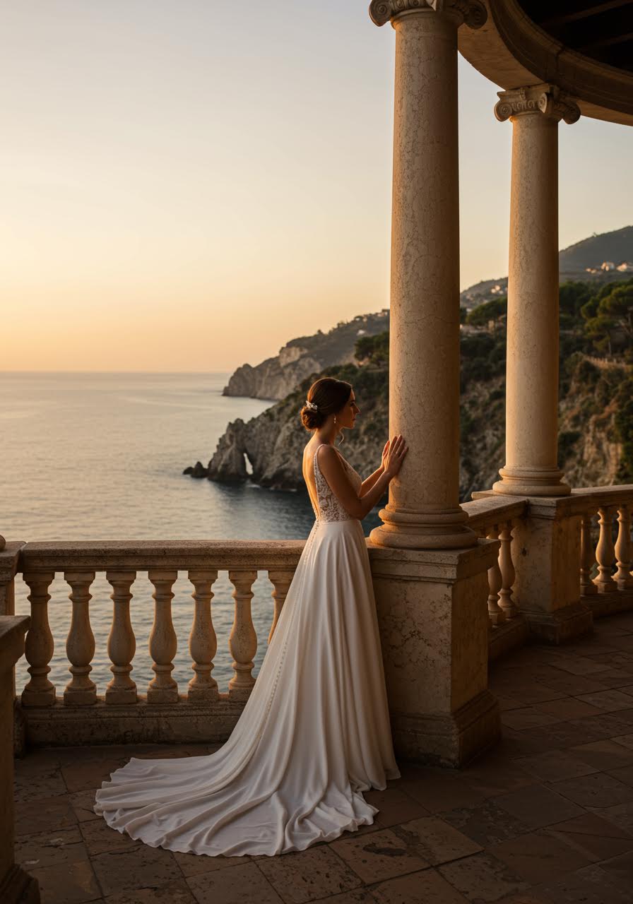 Elegant clifftop wedding terrace with bride and dramatic coastal landscape at golden hour