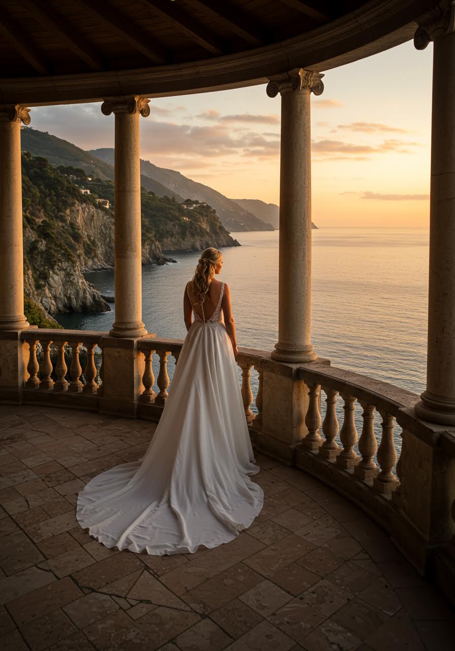 Bride on elegant stone terrace of clifftop wedding venue overlooking endless ocean during sunset