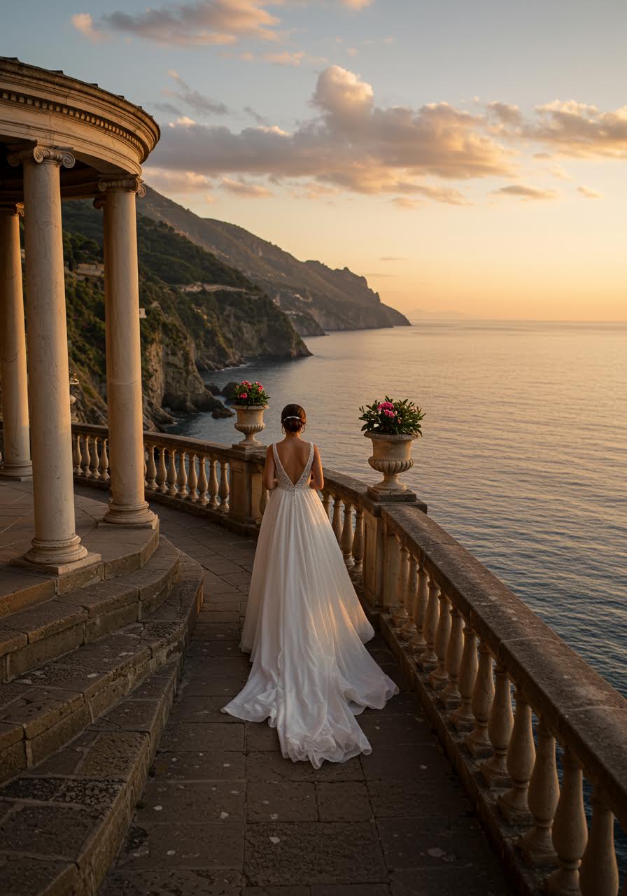 Bride gazing at ocean horizon from classical stone balustrade of clifftop venue