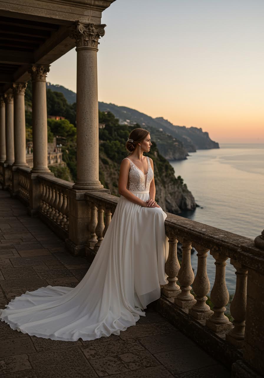Wedding dress flowing in ocean breeze on sophisticated clifftop terrace with panoramic views