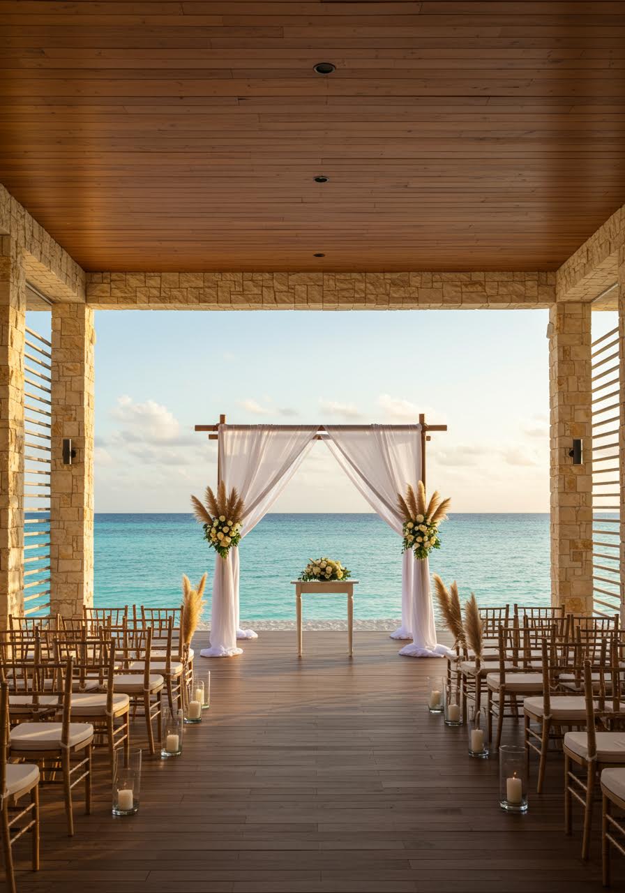 Open-air wedding ceremony space overlooking turquoise sea with white drapes and pampas grass