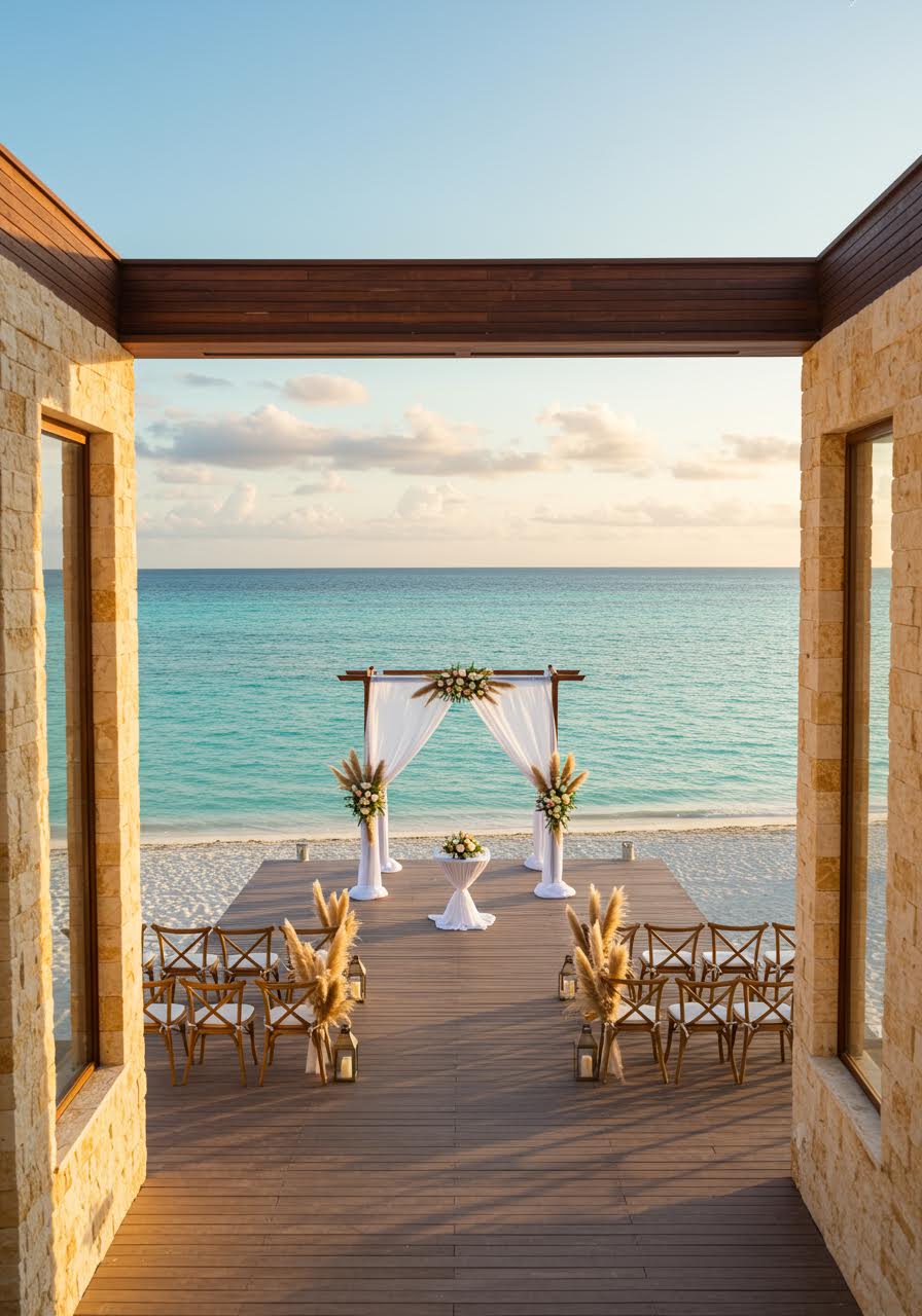Minimalist wooden arch with flowing fabric in coastal ceremony space during golden hour