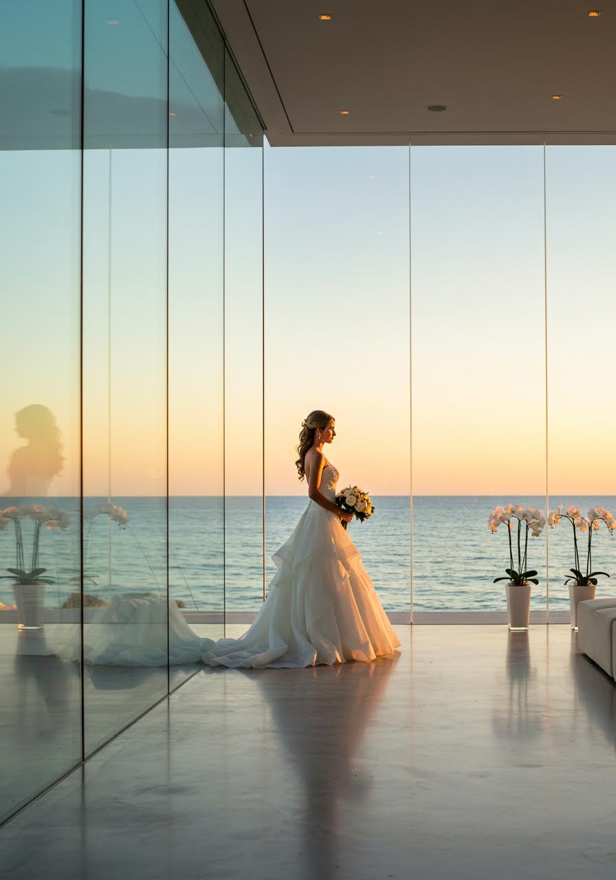 Bride in flowing white gown against floor-to-ceiling glass walls of modern oceanfront wedding venue during golden hour
