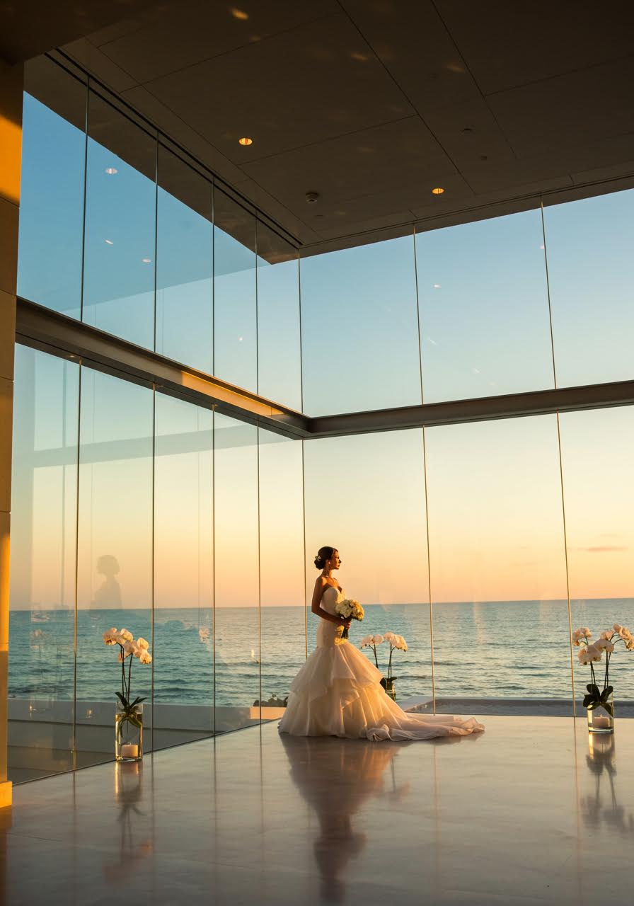 Elegant bride positioned beside transparent architecture of glass pavilion with ocean vista background