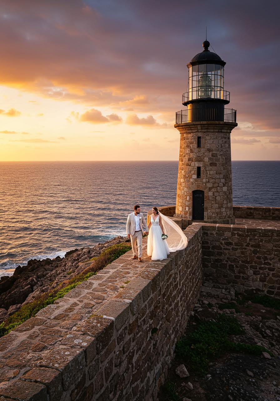 Bride and groom in romantic pose near lighthouse base with vast ocean stretching behind