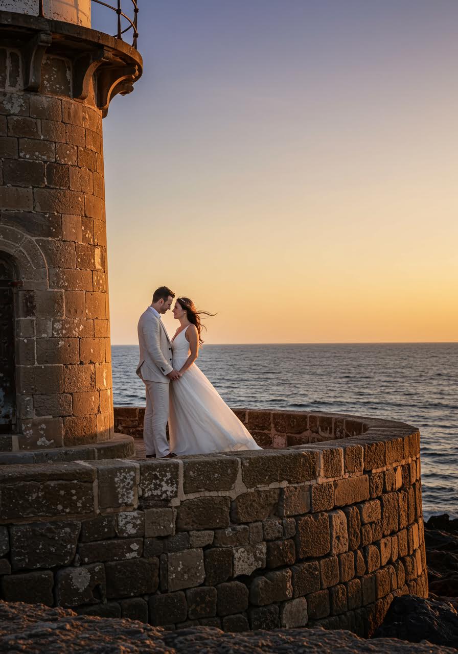 Newlywed couple holding hands near weathered lighthouse stone wall during romantic sunset