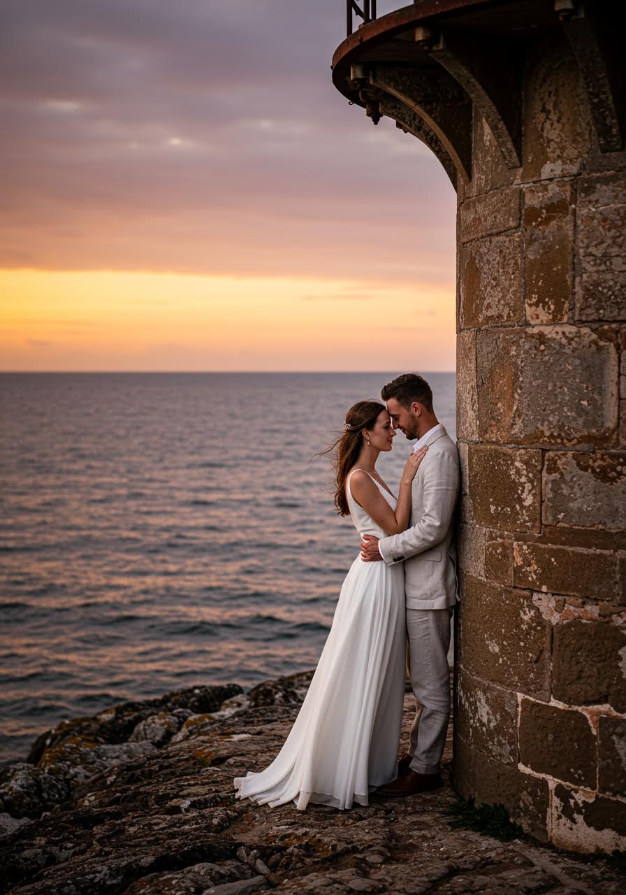 Wedding couple sharing tender moment beside historic lighthouse with ocean backdrop